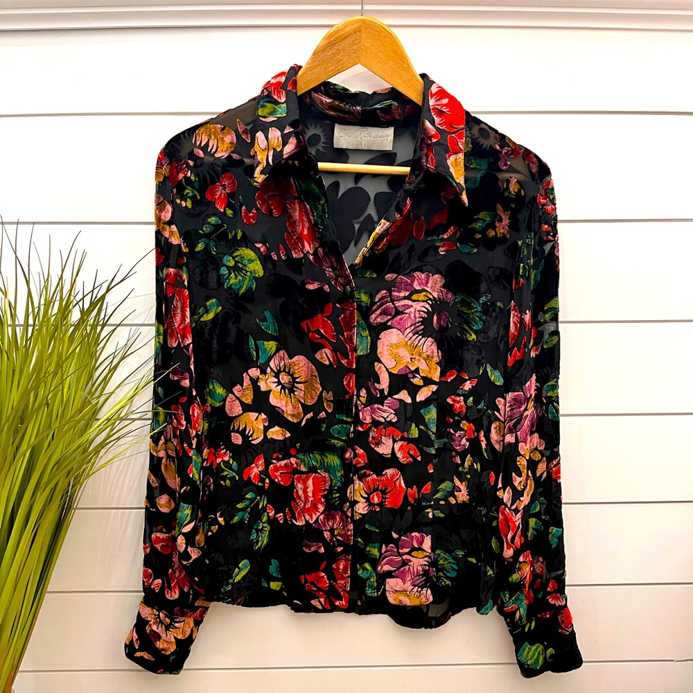 Classic Sheer black top with velvet flowers
